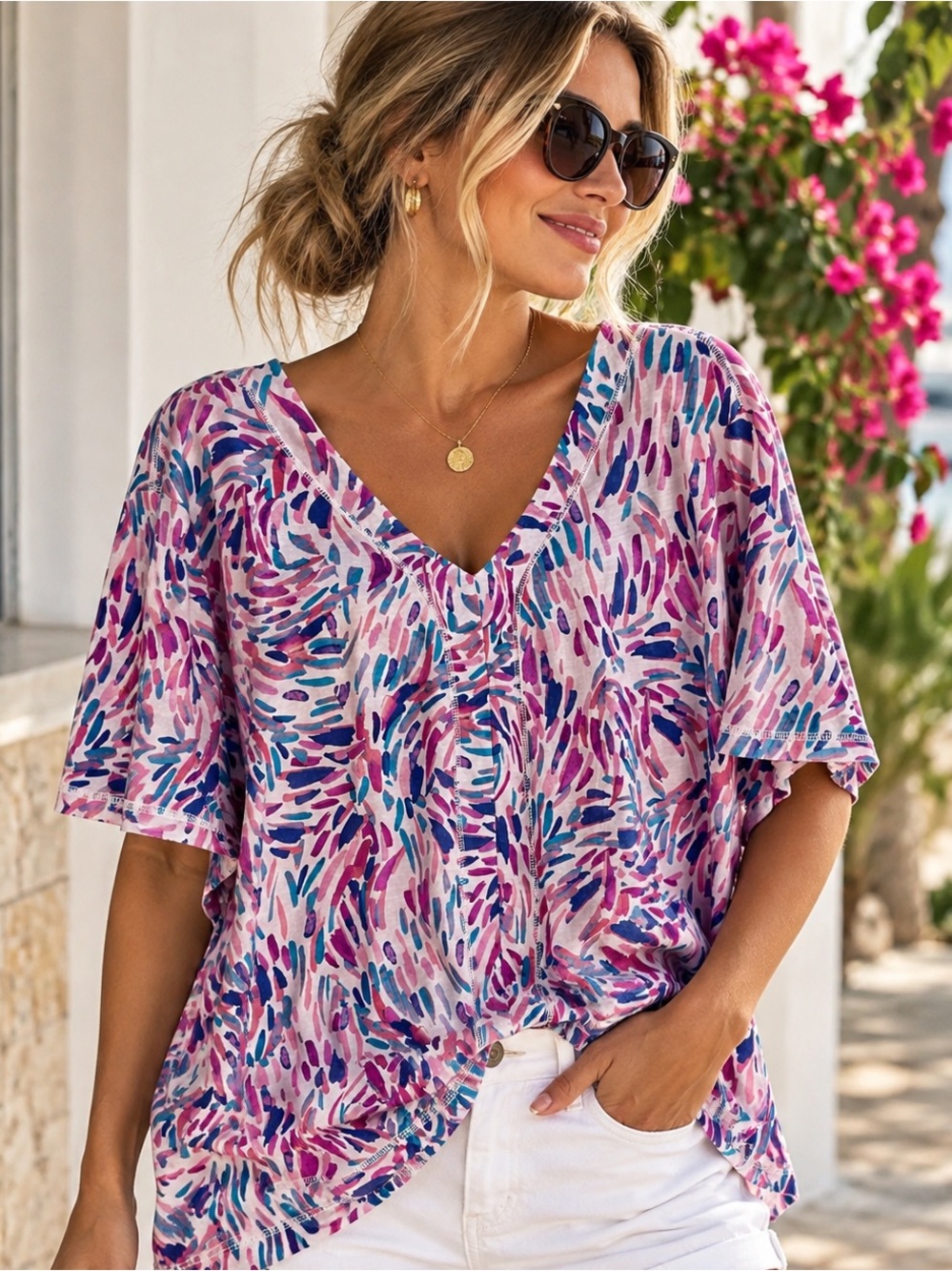 Westbound Woman 3X Pink Multicolor Cotton Modal V-Neck Tunic Top NWT